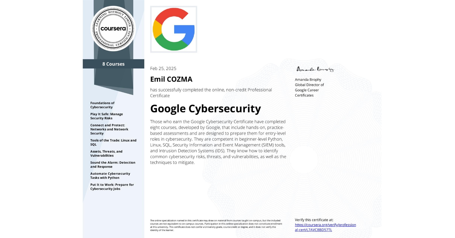 Google CyberSecurity Certificate